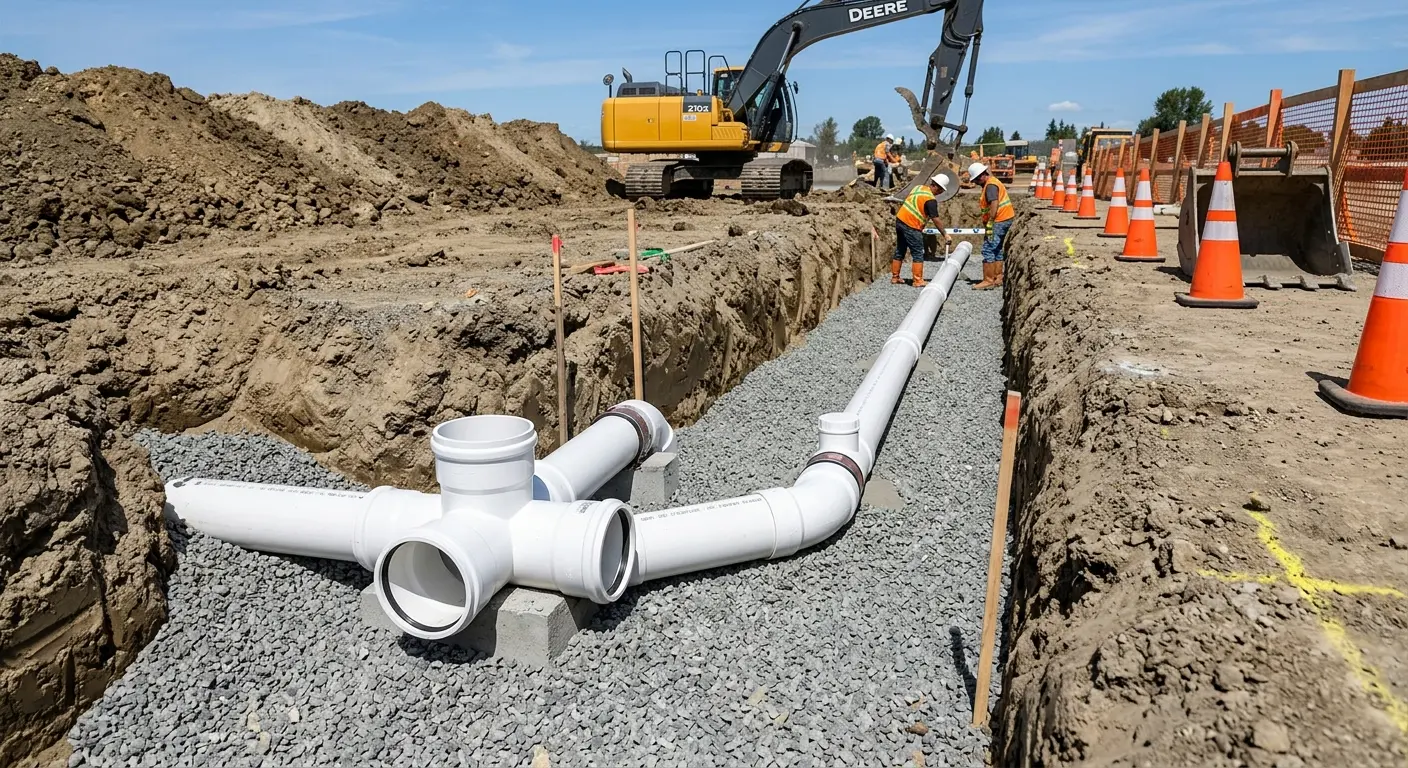 New PVC sewer pipe installation in open trench for Sewer Backup in DuPont