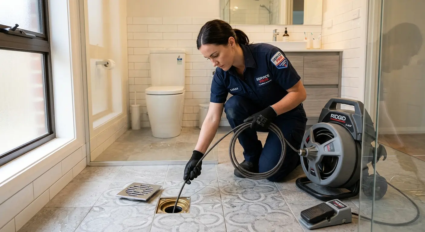 Technician clearing a bathroom floor drain for Hydro Jetting in DuPont